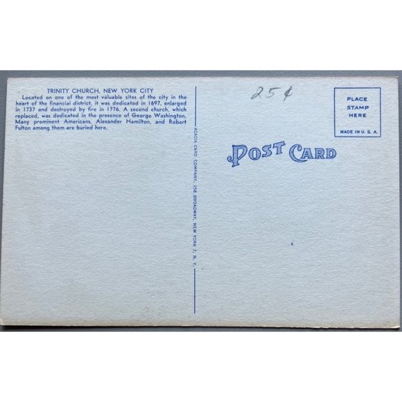 Trinity Church New York City Postcard Vintage Souvenir Unpostmarked - Picture 2 of 3